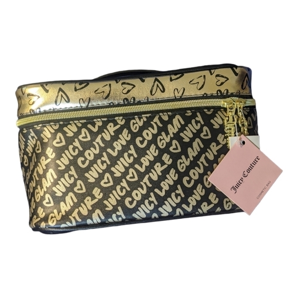 Juicy Couture Rectangle Cosmetic Bag Logo Branded w Accessory Black and Gold - Picture 1 of 7